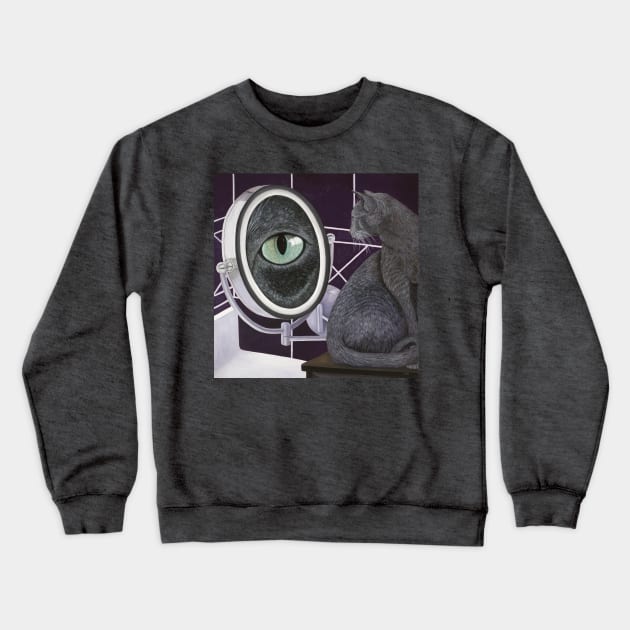 Russian Blue Cat and Magnifying Mirror Crewneck Sweatshirt by KarenZukArt